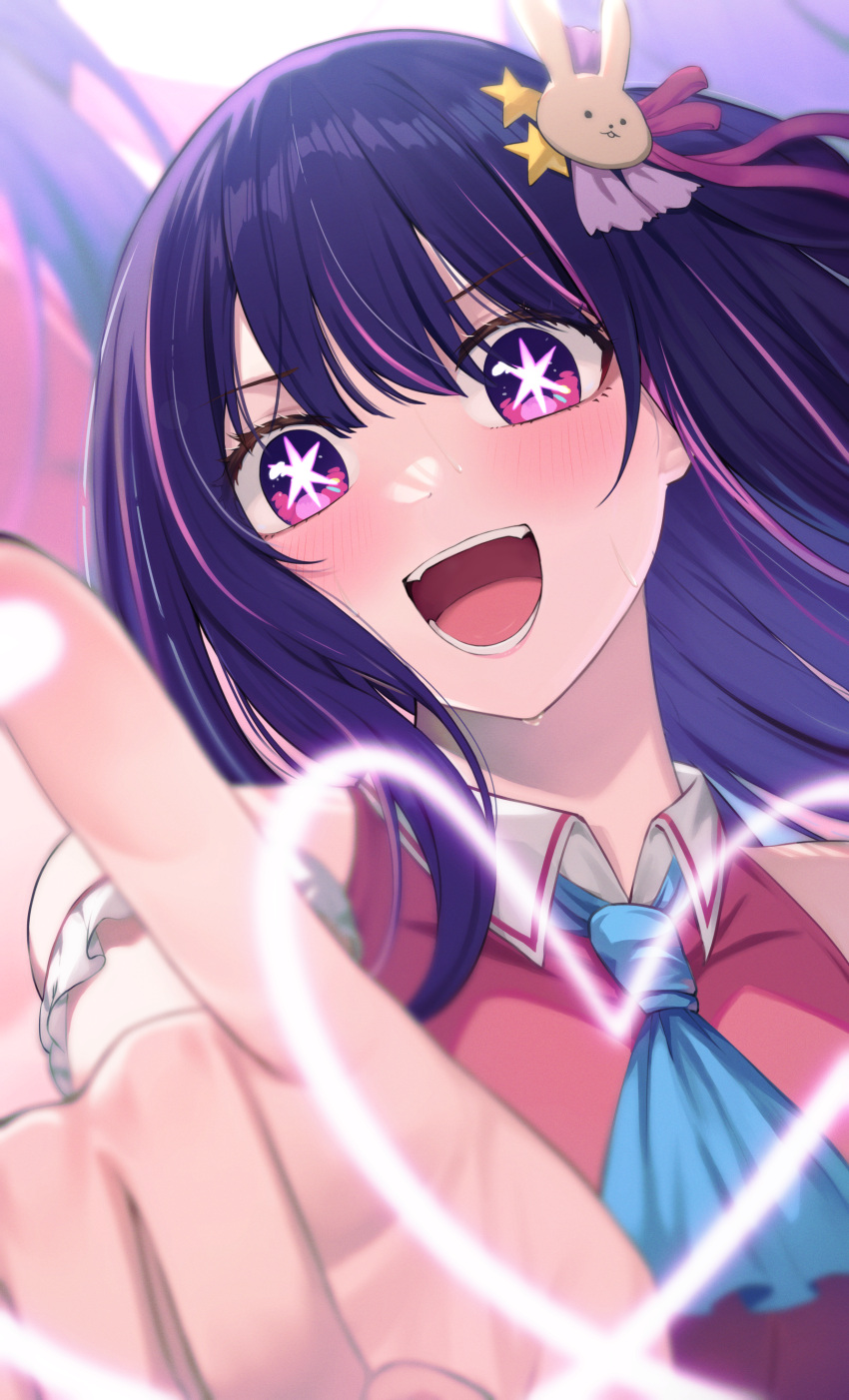 1girl absurdres blue_necktie blush commentary_request dress hair_ornament hair_ribbon heart highres hoshino_ai_(oshi_no_ko) idol index_finger_raised long_hair looking_at_viewer multicolored_hair necktie open_mouth oshi_no_ko partial_commentary pink_dress pink_hair pointing purple_hair rabbit_hair_ornament ribbon sleeveless sleeveless_dress smile solo star-shaped_pupils star_(symbol) stoner08 streaked_hair sweat symbol-shaped_pupils teeth upper_body violet_eyes