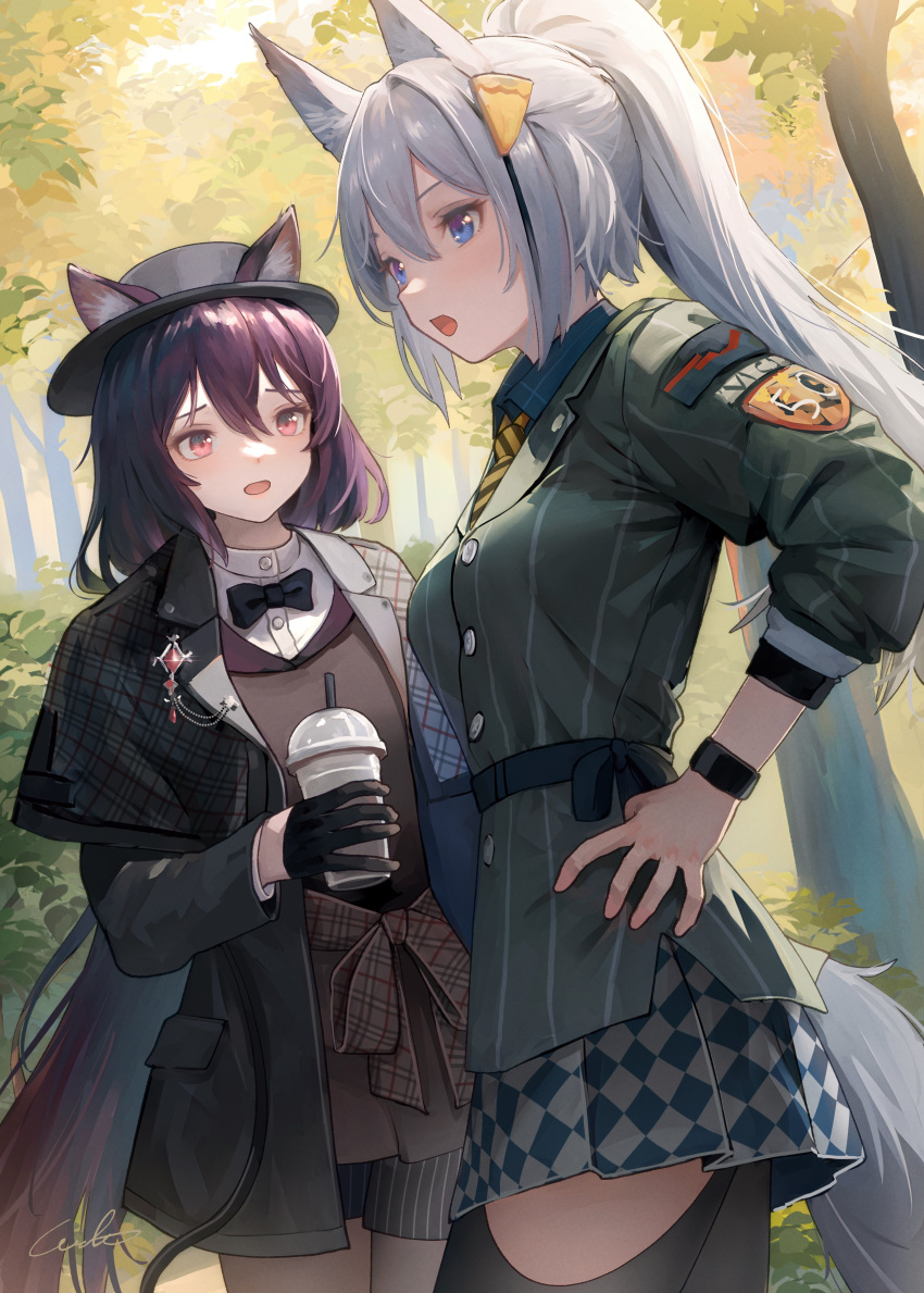 2girls absurdres animal_ear_fluff animal_ears arknights black_gloves black_hair black_headwear black_jacket black_pantyhose black_shorts blue_eyes blue_shirt character_request collared_shirt commentary_request cup day diagonal-striped_necktie disposable_cup drinking_straw ears_through_headwear gloves green_jacket grey_hair hair_ornament hand_on_own_hip highres holding holding_cup jacket long_hair long_sleeves melantha_(arknights) melantha_(letters_from_wessex)_(arknights) multicolored_hair multiple_girls open_clothes open_jacket open_mouth outdoors pantyhose pleated_skirt ponytail puffy_long_sleeves puffy_sleeves purple_hair red_eyes shirt short_shorts shorts skirt streaked_hair striped striped_shorts tail tree vertical-striped_shorts vertical_stripes welt_(kinsei_koutenkyoku)