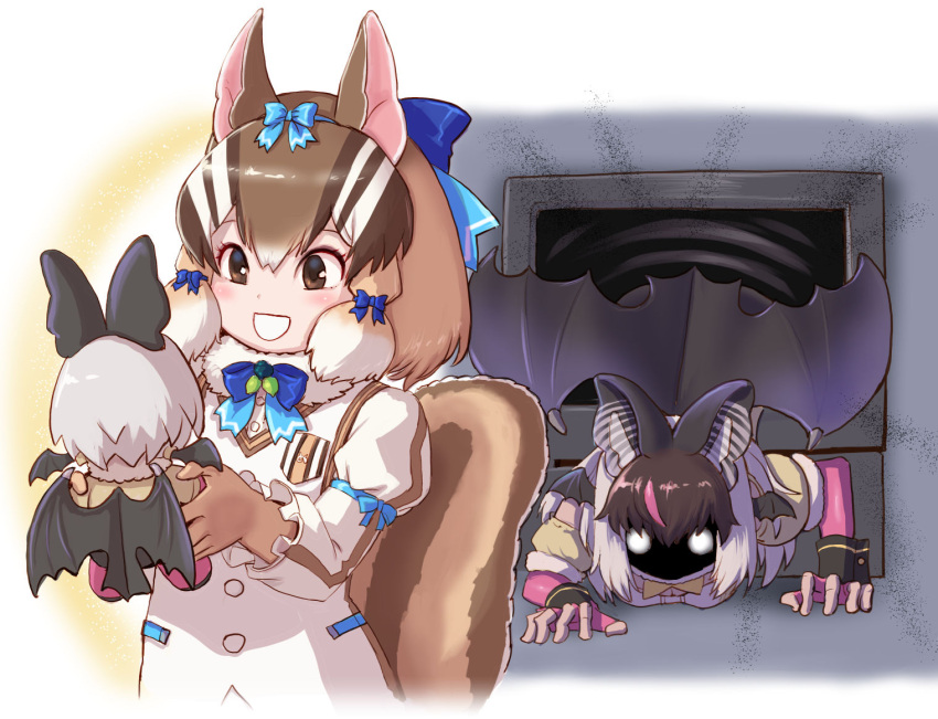2girls :d animal_ears bat_ears bat_wings bow bowtie breast_pocket brown_hair brown_long-eared_bat_(kemono_friends) character_doll chipmunk_ears chipmunk_girl chipmunk_tail commentary_request crawling elbow_gloves fingerless_gloves fur_collar gloves glowing glowing_eyes grey_hair hair_between_eyes hair_bow hairband head_wings holding kemono_friends kemono_friends_v_project kosai_takayuki long_hair long_sleeves looking_at_another looking_at_object medium_hair multicolored_hair multiple_girls multiple_wings open_mouth parody pink_hair pocket shaded_face short_sleeves siberian_chipmunk_(kemono_friends) smile streaked_hair tail television the_ring through_screen vest virtual_youtuber white_hair wings