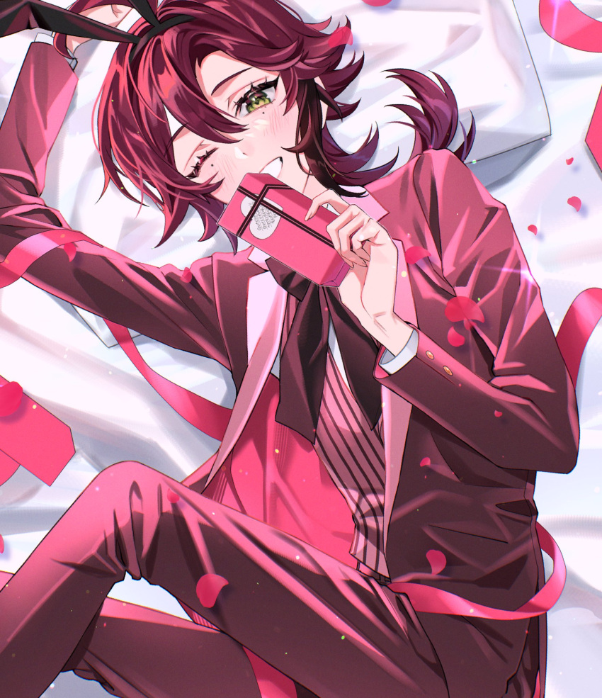 1boy animal_ears blazer blush fake_animal_ears formal genshin_impact gift green_eyes highres holding holding_gift jacket long_hair low_ponytail male_focus mole mole_under_eye multicolored_hair one_eye_closed pants pillow pink_jacket pink_pants pink_vest rabbit_ears redhead renibo_(mo0o0ep) shikanoin_heizou solo streaked_hair striped striped_vest suit valentine vertical-striped_vest vertical_stripes vest