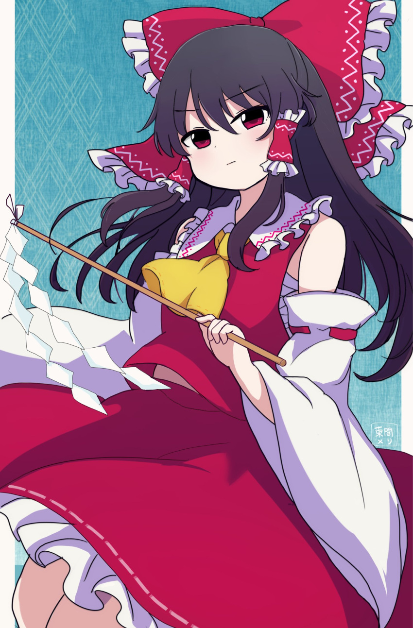 1girl ascot black_hair bow collared_shirt detached_sleeves frilled_bow frilled_hair_tubes frilled_shirt_collar frills hair_bow hair_tubes hakurei_reimu highres long_hair red_bow red_eyes red_shirt red_skirt rei_(tonbo0430) revision ribbon-trimmed_sleeves ribbon_trim sarashi shirt skirt skirt_set sleeveless sleeveless_shirt solo touhou white_sleeves wide_sleeves yellow_ascot