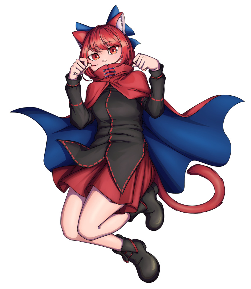 1girl absurdres animal_ear_fluff animal_ears black_footwear black_shirt blue_bow blue_cape blush bow cape cat_ears cat_tail commentary commission english_commentary full_body hair_bow hands_up highres kemonomimi_mode long_sleeves looking_at_viewer mefomefo paw_pose red_cape red_eyes red_skirt redhead second-party_source sekibanki shirt shoes short_hair simple_background skirt solo tail touhou two-sided_cape two-sided_fabric unfinished_dream_of_all_living_ghost white_background