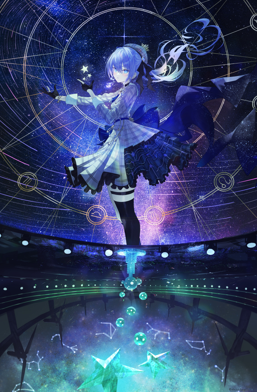 1girl absurdres ascot atatatatame01 belt beret black_gloves blue_ascot blue_belt blue_eyes blue_hair bow bracelet constellation crown dress floating_hair frilled_dress frills gloves hands_up hat highres hololive hoshimachi_suisei jewelry long_hair looking_at_viewer mini_crown partially_fingerless_gloves plaid plaid_dress plaid_headwear side_ponytail single_thighhigh sky solo star_(sky) star_(symbol) star_in_eye starry_background starry_sky symbol_in_eye thigh-highs thigh_strap virtual_youtuber waist_bow