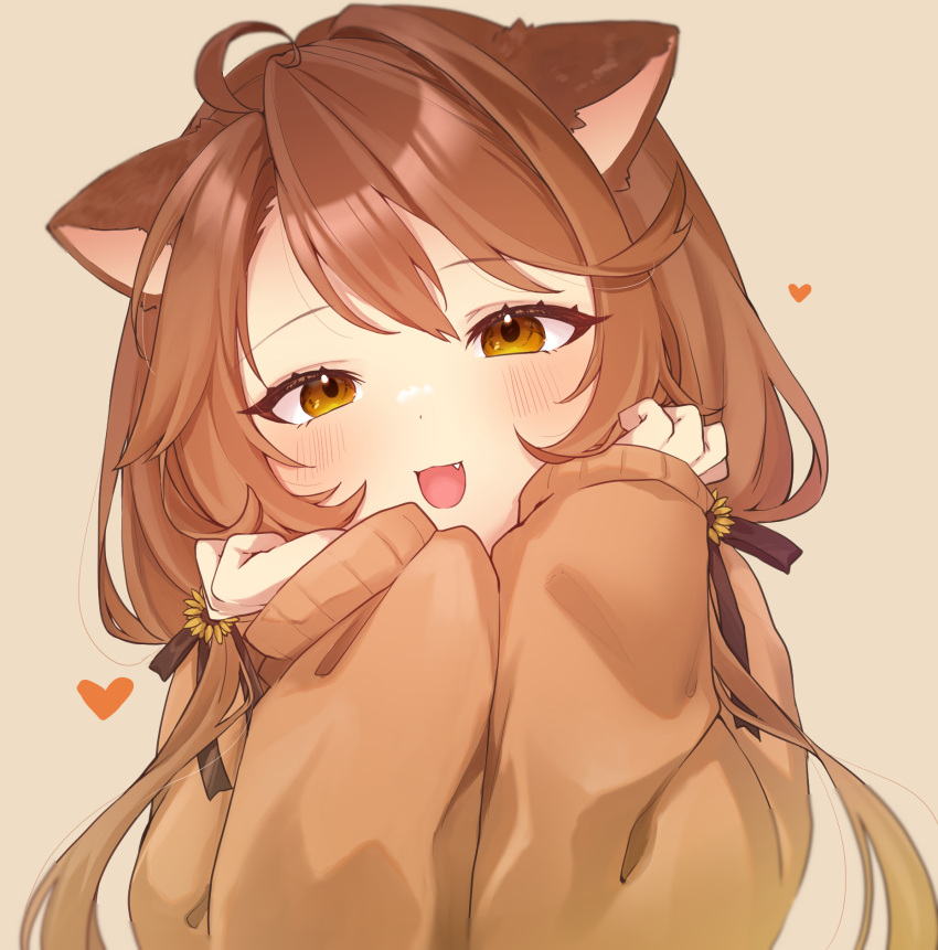 1girl :d ahoge animal_ears blush brown_hair brown_sweater commentary fang hands_up heart highres long_hair long_sleeves looking_at_viewer open_mouth re:act sawamaru_0528 shishigami_leona simple_background sleeves_past_wrists smile solo sweater upper_body virtual_youtuber yellow_eyes