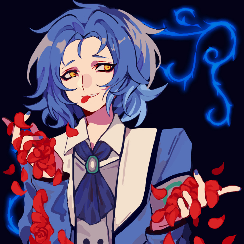 1boy armband ascot blue_ascot blue_hair blue_jacket blue_nails brooch chesed_(project_moon) collared_shirt commentary_request er_hea grey_vest grin highres jacket jewelry lobotomy_corporation long_sleeves male_focus open_clothes open_jacket petals project_moon rose_petals shirt short_hair smile solo upper_body vest white_shirt yellow_eyes
