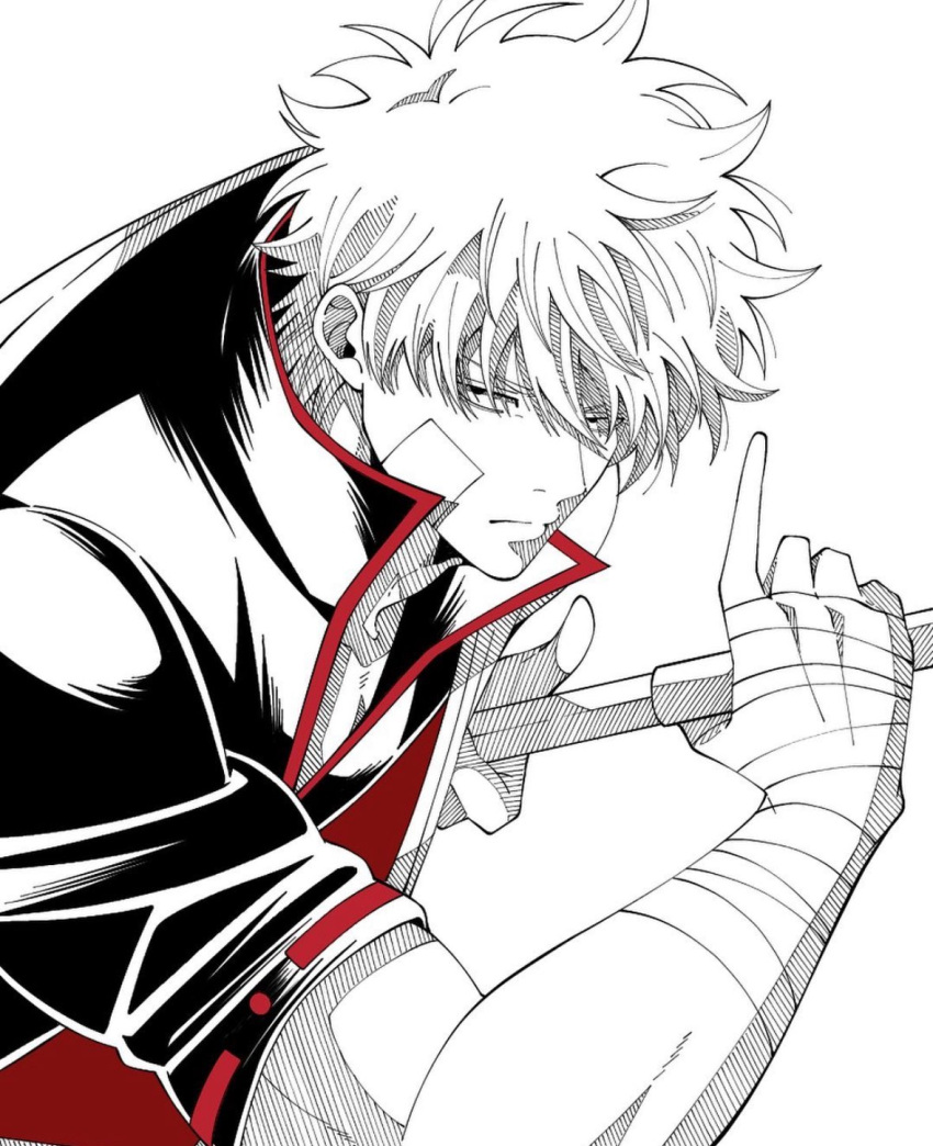 1boy bandaged_arm bandaged_hand bandages black_shirt collared_shirt drawing_sword gauze gauze_on_cheek gintama greyscale hadanugi_dousa hair_between_eyes highres holding holding_sword holding_weapon looking_to_the_side male_focus monochrome open_collar popped_collar red_trim sakata_gintoki sanpaku shirt short_hair sideways_glance simple_background solo spot_color sword upper_body weapon white_background yubi_nui21