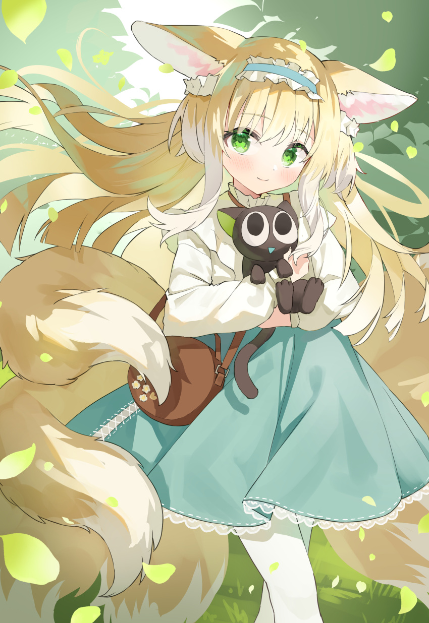 1girl absurdres animal animal_ear_fluff animal_ears arknights bag black_cat blonde_hair blue_hairband blue_skirt blush brown_bag cardigan cat closed_mouth commentary crossover error feet_out_of_frame fox_ears fox_girl fox_tail frilled_hairband frills green_eyes hair_ornament hair_scrunchie hairband handbag highres holding holding_animal holding_cat kitsune kyuubi long_hair looking_at_viewer luo_xiaohei luo_xiaohei_zhanji multicolored_hair multiple_tails nitoron official_alternate_costume open_cardigan open_clothes outdoors revision scrunchie shirt shoulder_bag sidelocks skirt smile solo stitches suzuran_(arknights) suzuran_(spring_praise)_(arknights) tail two-tone_hair white_cardigan white_hair white_shirt