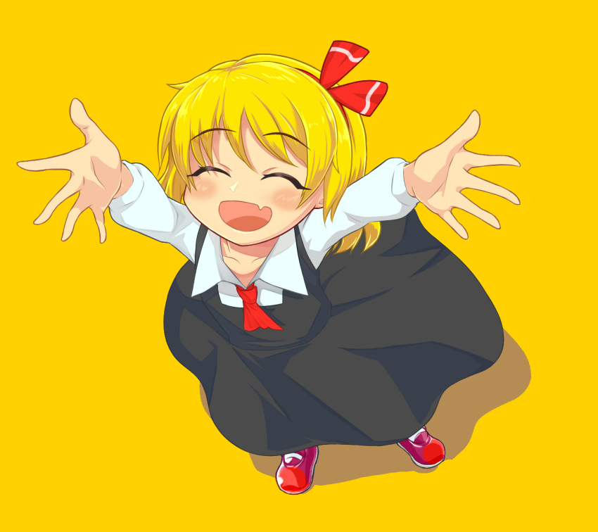 1girl :d arms_up ascot black_skirt black_vest blonde_hair blush closed_eyes collared_shirt commentary_request cookie_(touhou) fang flat_chest from_above full_body hair_ribbon highres long_sleeves medium_bangs nadeko_(cookie) open_mouth outstretched_arms red_ascot red_footwear red_ribbon ribbon rumia shirt shoes simple_background skin_fang skirt skirt_set smile solo spread_arms standing suisyu_chouman_chawan_no_kakera touhou vest white_shirt yellow_background