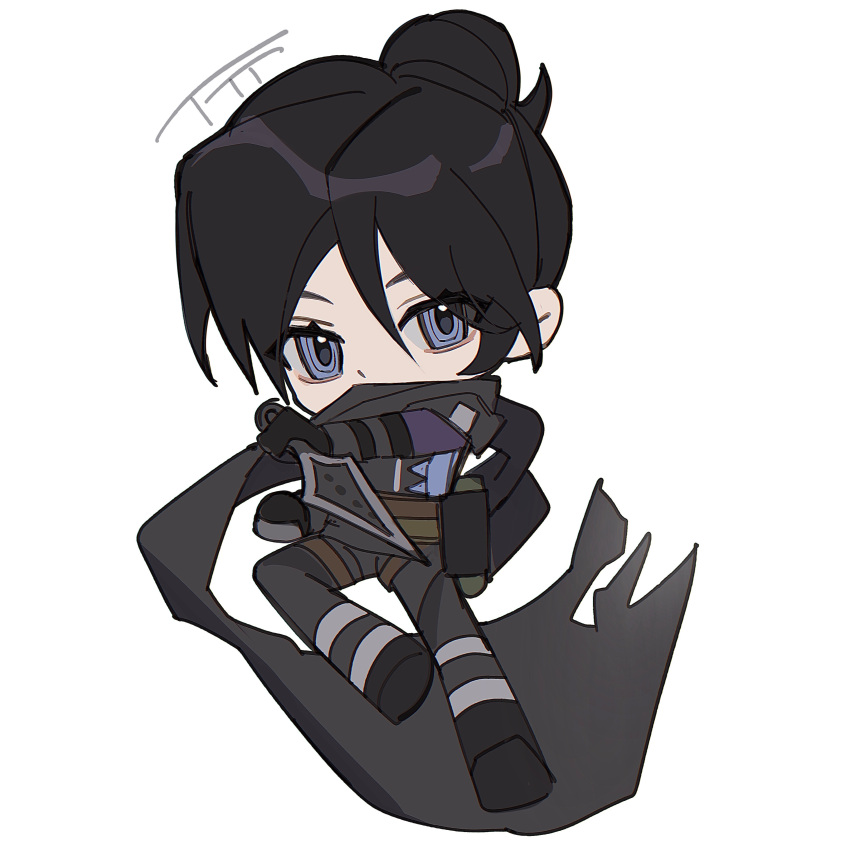 1girl absurdres animification apex_legends belt black_bodysuit black_gloves black_scarf blue_eyes bodysuit brown_belt chibi clenched_hand covered_mouth full_body gloves hair_behind_ear hair_between_eyes hair_bun highres holding holding_knife knife kunai looking_at_viewer scarf single_hair_bun solo t.t.t weapon white_background wraith's_kunai wraith_(apex_legends)