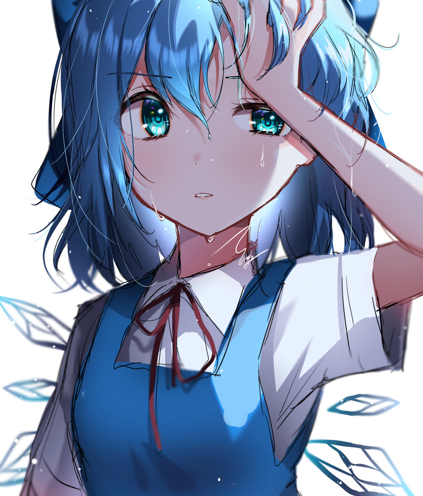 1girl absurdres aoyama_tenchou arm_up bloom blue_eyes blue_hair breasts cirno hair_between_eyes hand_in_own_hair highres ice ice_wings light_blush looking_to_the_side medium_hair parted_lips short_sleeves simple_background small_breasts solo teeth touhou wet white_background wing_collar wings