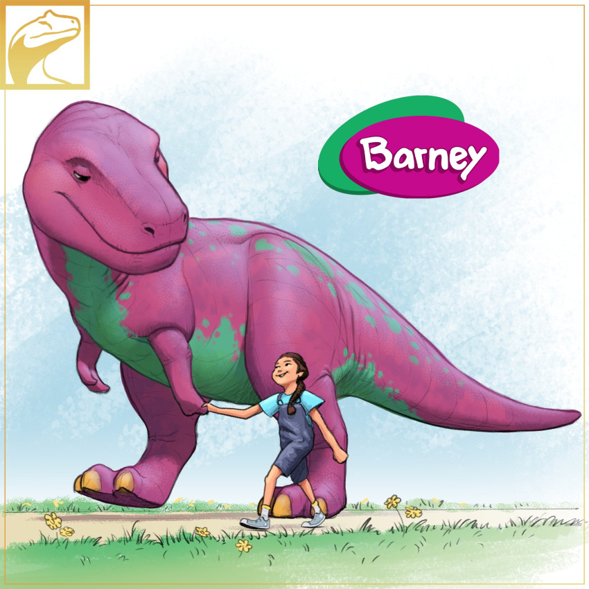 1boy 1girl barney barney_&amp;_friends blue_overalls blue_shirt brown_hair commentary dinosaur english_commentary flower fredward95 grass hair_over_shoulder highres holding_hands logo overalls ponytail shirt shoes smile sneakers t-shirt