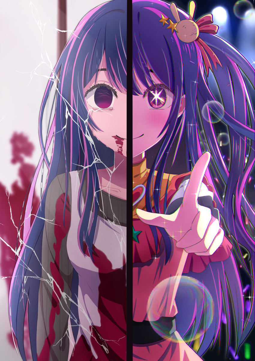1girl absurdres before_and_after blood blood_on_face blood_stain collarbone commentary_request cracked_glass crying dress empty_eyes fuli_(user_dxkx3245) hair_ornament highres hoshino_ai_(oshi_no_ko) idol long_hair long_sleeves oshi_no_ko pointing purple_dress purple_hair rabbit_hair_ornament split_screen spoilers star_(symbol) star_in_eye symbol-shaped_pupils symbol_in_eye