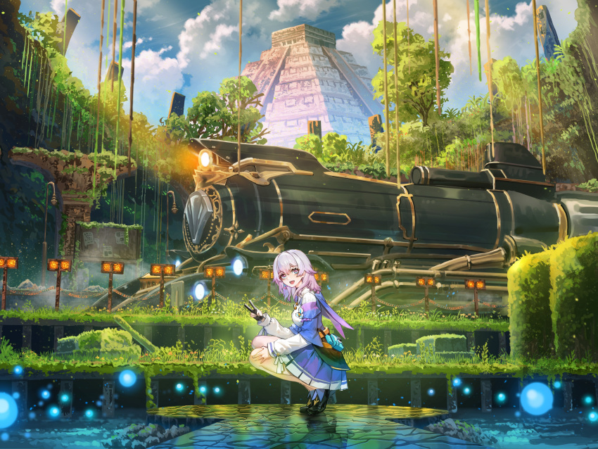 1girl absurdres bare_legs black_footwear blue_sky chichen_itza clouds cloudy_sky commentary day grass ground_vehicle highres honkai:_star_rail honkai_(series) long_sleeves looking_at_viewer march_7th_(honkai:_star_rail) medium_hair mexico on_floor open_mouth outdoors scenery shuu_illust sky solo train tree v white_sleeves