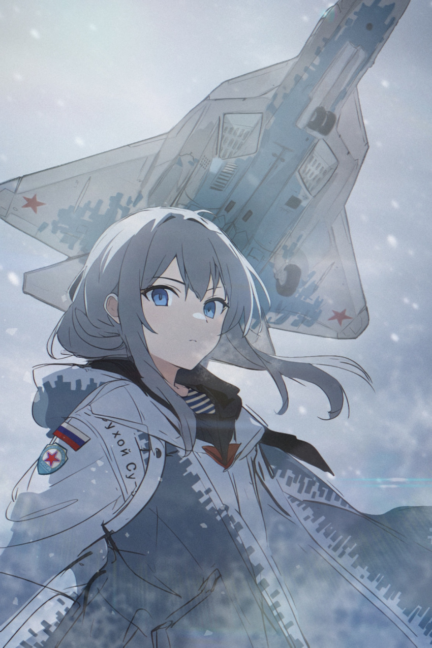 1girl aircraft airplane blue_eyes camouflage camouflage_jacket closed_mouth commentary_request digital_camouflage fighter_jet grey_hair highres its jacket jet layered_clothes looking_at_viewer medium_hair military military_vehicle open_clothes open_jacket original personification red_star russia russian_flag russian_text shoulder_patches sketch snowing solo su-57 upper_body