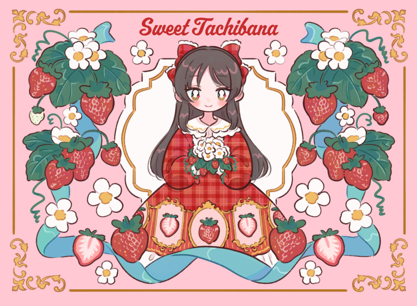 1girl black_hair blush bouquet bow brown_eyes collared_dress dress english_text flower food fruit hair_bow highres holding holding_bouquet idolmaster idolmaster_cinderella_girls leaf long_hair looking_at_viewer mokume_rin pink_background plaid plaid_bow plaid_dress red_bow red_dress smile solo straight-on strawberry tachibana_arisu tagme upper_body