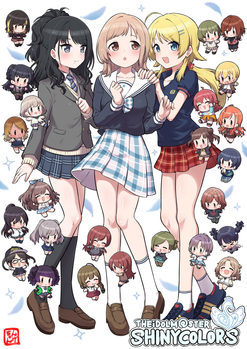 &gt;_&lt; 6+girls :d :o ^_^ absurdres ahoge aketa_mikoto arisugawa_natsuha asakura_toru baseball_cap black-framed_eyewear black_footwear black_hair black_headwear black_pantyhose black_shirt black_skirt black_socks blazer blonde_hair blue_eyes blue_feathers blue_necktie blue_ribbon blue_skirt blush bow braid brown_eyes brown_footwear brown_hair brown_sweater character_request check_character chibi closed_eyes closed_mouth collarbone collared_shirt commentary_request copyright_name dark-skinned_female dark_skin diagonal-striped_necktie diagonal_bangs double_bun fang feathers fishnet_pantyhose fishnets fukumaru_koito glasses green_eyes grey_eyes grey_hair grey_jacket grey_sweater hachimiya_meguru hair_bun hair_ornament hair_ribbon hairclip hands_on_another's_shoulder hat highres higuchi_madoka ichikawa_hinana idolmaster idolmaster_shiny_colors izumi_mei jacket kazano_hiori komiya_kaho kuwayama_chiyuki loafers long_hair low_twintails mayuzumi_fuyuko minigirl mitsumine_yuika mole mole_under_mouth morino_rinze multiple_girls necktie ngetyan orange_hair osaki_amana osaki_tenka pantyhose parted_lips plaid plaid_bow plaid_skirt pleated_skirt ponytail puffy_short_sleeves puffy_sleeves purple_hair red_eyes red_skirt redhead ribbon saijo_juri sailor_collar sakuragi_mano school_uniform serafuku serizawa_asahi shirase_sakuya shirt shoes short_hair short_sleeves simple_background single_braid skirt smile socks sonoda_chiyoko sweater swept_bangs tanaka_mamimi tsukioka_kogane twintails two_side_up very_long_hair violet_eyes white_background white_sailor_collar white_shirt white_skirt white_socks yukoku_kiriko