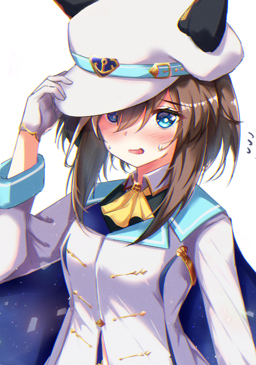 1girl absurdres adjusting_clothes adjusting_headwear animal_ears blue_eyes blush breasts brown_hair cheval_grand_(umamusume) commentary_request gloves hair_between_eyes hat highres horse_ears looking_at_viewer medium_breasts medium_hair open_mouth simple_background sinngotti solo sweat umamusume uniform white_background