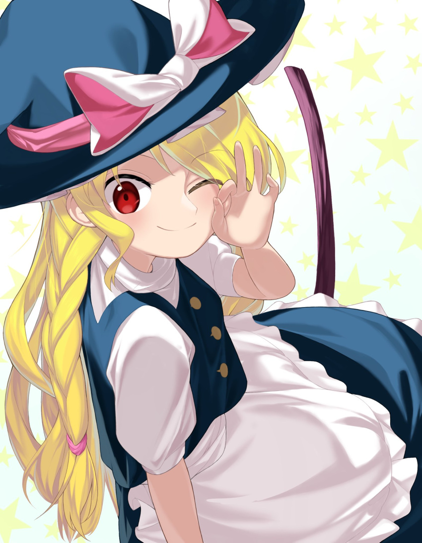 1girl apron black_headwear black_skirt black_vest blonde_hair bow broom closed_mouth commentary_request cowboy_shot from_side hat hat_bow highres keiki8296 kirisame_marisa long_hair looking_at_viewer ok_sign one_eye_closed red_eyes shirt short_sleeves skirt smile solo split_mouth star_(symbol) touhou unfinished_dream_of_all_living_ghost very_long_hair vest waist_apron white_apron white_bow white_shirt