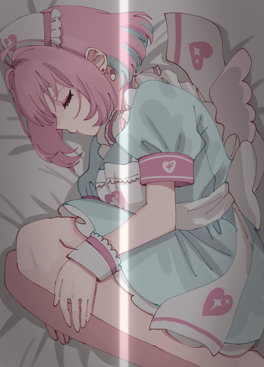 1girl ahoge apron aqua_dress aqua_hair armband bare_legs bed_sheet bob_cut choker closed_eyes dress earrings fetal_position frilled_headwear hat heart heart_print highres idolmaster idolmaster_cinderella_girls idolmaster_cinderella_girls_starlight_stage jewelry legs multicolored_hair nurse_cap pill_earrings pink_armband pink_choker pink_hair saito_katuo short_sleeves sleeping solo sparkle_print two-tone_hair white_apron white_headwear white_wrist_cuffs wrist_cuffs yumemi_riamu