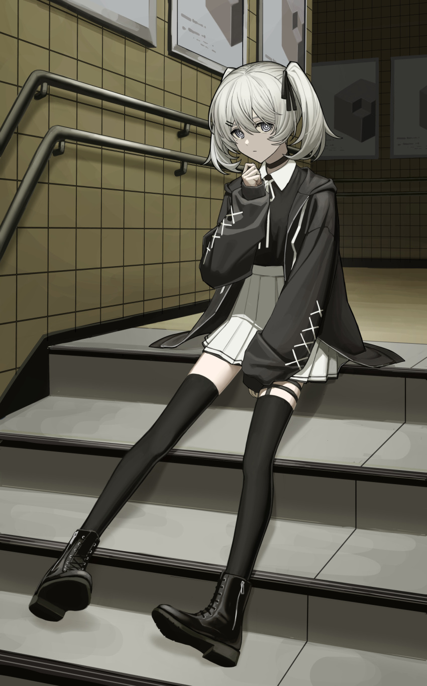 1girl ad black_footwear black_shirt black_thighhighs boots commission grey_hair highres jacket kawara_pigeon open_clothes open_jacket original shirt sitting skirt solo stairs thigh-highs twintails white_hair white_skirt