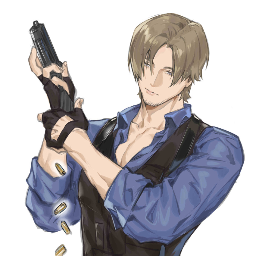 1boy absurdres blue_eyes blue_shirt brown_hair casing_ejection curtained_hair facial_hair fingerless_gloves gloves gun highres holding holding_gun holding_weapon leon_s._kennedy male_focus naijarski pectoral_cleavage pectorals resident_evil resident_evil_6 shell_casing shirt short_hair solo stubble trigger_discipline upper_body vest waistcoat weapon