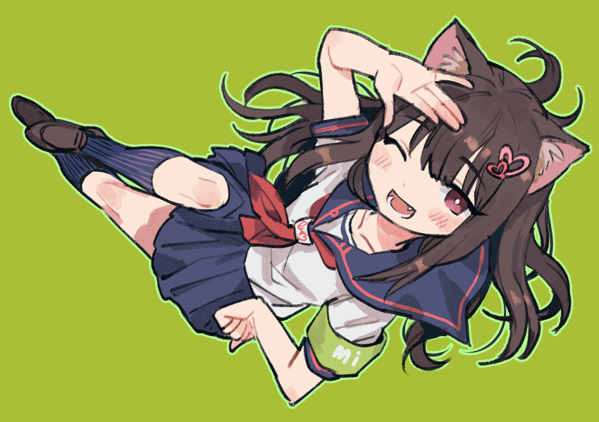 1girl animal_ear_fluff animal_ears blush brown_hair cat_ears collarbone fang green_armband green_background hand_on_own_hip highres kneehighs looking_at_viewer neck_ribbon one_eye_closed original pleated_skirt red_eyes red_ribbon ribbon sailor_collar school_uniform serafuku simple_background skirt socks solo teeth zinbei