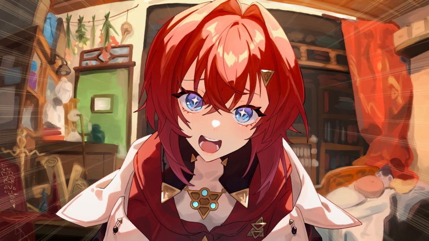 +_+ 1girl ange_katrina badge binnaga_maguro cardigan commentary_request eyelashes hair_between_eyes hair_intakes hair_ornament head_tilt highres jewelry lapels leaning_in looking_at_viewer necklace nijisanji off_shoulder open_mouth red_cardigan redhead short_hair solo virtual_youtuber