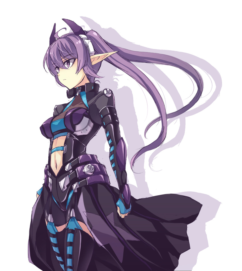 1girl armor clenched_hand headgear highres long_hair navel original pointy_ears purple_hair shadow simple_background solo thigh-highs touya_(the-moon) twintails violet_eyes white_background