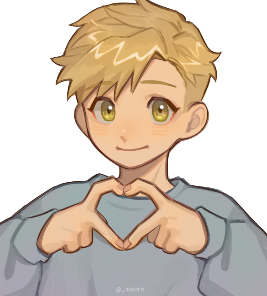 1boy aecorn alphonse_elric blonde_hair brown_outline close-up commentary english_commentary eyelashes fingernails fullmetal_alchemist grey_sweater hands_up heart heart_hands highres light_blush long_sleeves looking_at_viewer male_focus outline own_hands_together simple_background smile sweater swept_bangs tareme twitter_username upper_body white_background yellow_eyes