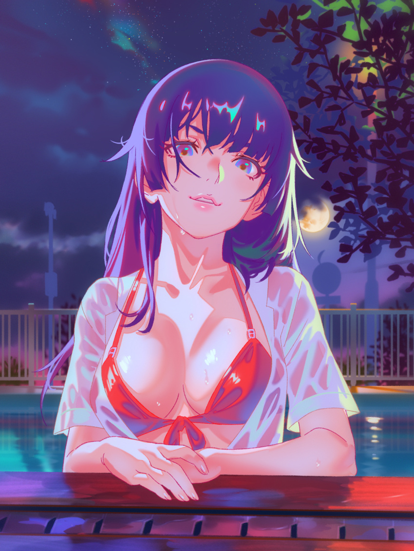 1girl bakemonogatari bikini blue_eyes breasts clouds cloudy_sky collared_shirt commentary_request eyelashes front-tie_bikini_top front-tie_top hair_over_one_eye highres long_hair looking_at_viewer medium_breasts monogatari_(series) moon night night_sky open_clothes open_shirt outdoors parted_lips pool purple_hair purple_sky rapa_rachi red_bikini senjougahara_hitagi shiny_skin shirt short_sleeves sidelocks sky solo star_(sky) starry_sky swimsuit upper_body wet wet_clothes wet_hair wet_shirt