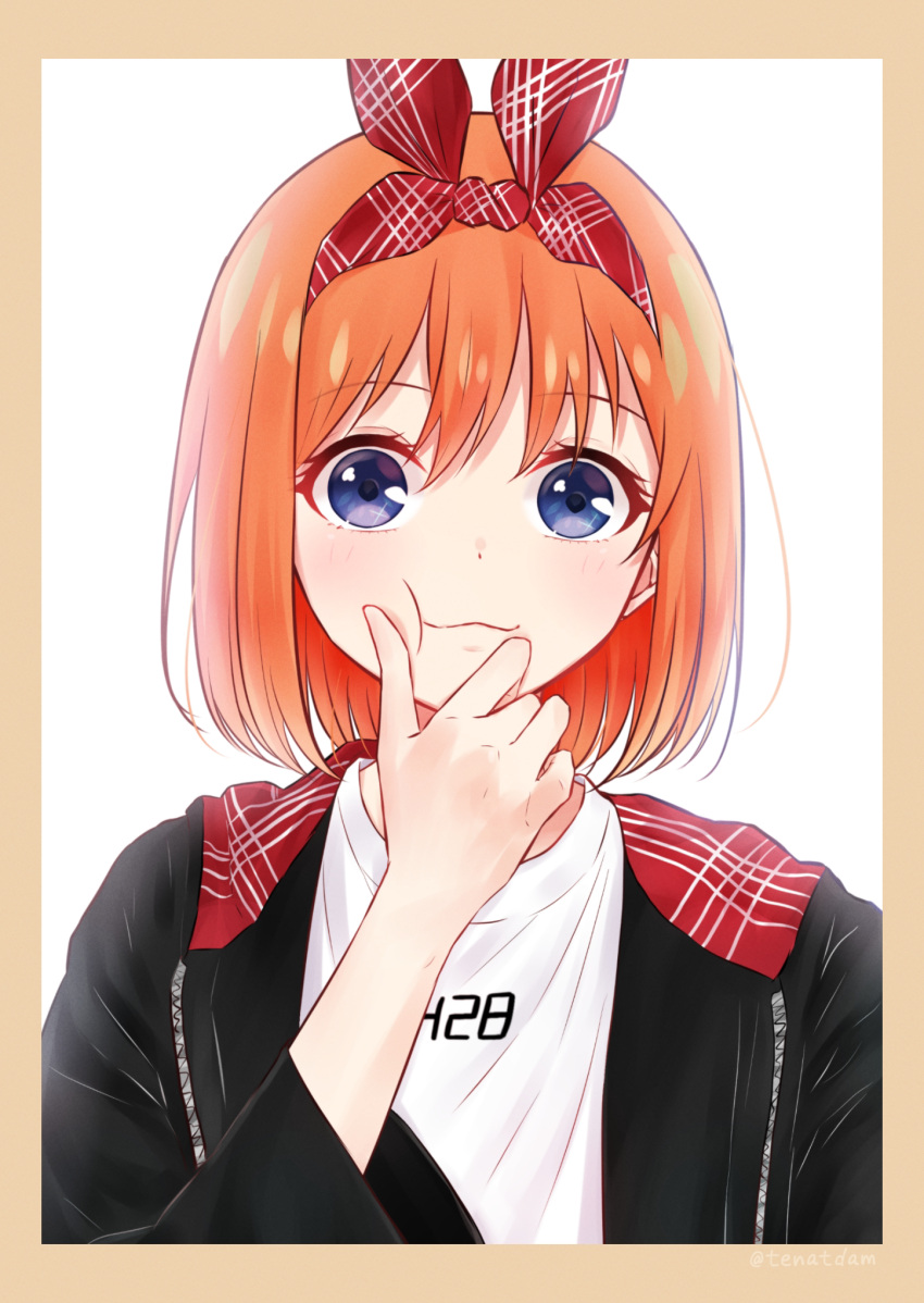 1girl :3 :t alternate_color alternate_costume black_hoodie blue_eyes closed_mouth clothes_writing commentary_request double-parted_bangs eyelashes finger_to_cheek framed go-toubun_no_hanayome hair_between_eyes hair_ribbon hand_to_own_mouth hand_up highres hood hood_down hoodie light_blush long_sleeves looking_at_viewer medium_hair nakano_yotsuba open_clothes open_hoodie orange_hair partial_commentary plaid plaid_ribbon red_ribbon ribbon shirt simple_background smile solo straight-on straight_hair ten@_(tenatdam) upper_body white_background white_shirt wide-eyed wide_sleeves