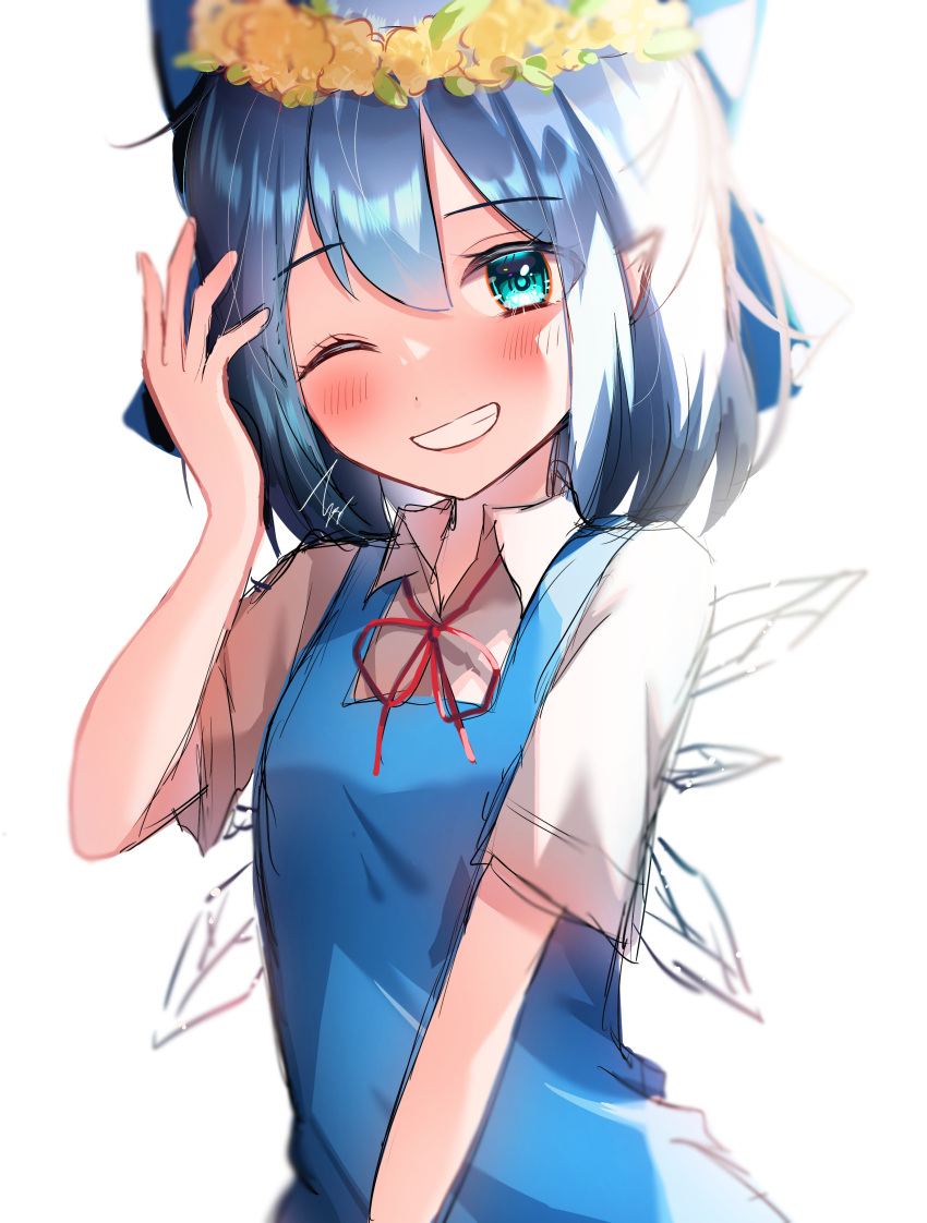 1girl ;d absurdres aoyama_tenchou bloom blue_dress blurry blush cirno depth_of_field dress flat_chest flower flower_request grin hand_up head_wreath highres ice ice_wings looking_at_viewer one_eye_closed overexposure pointy_ears short_sleeves sidelighting smile solo touhou upper_body wing_collar wings yellow_flower