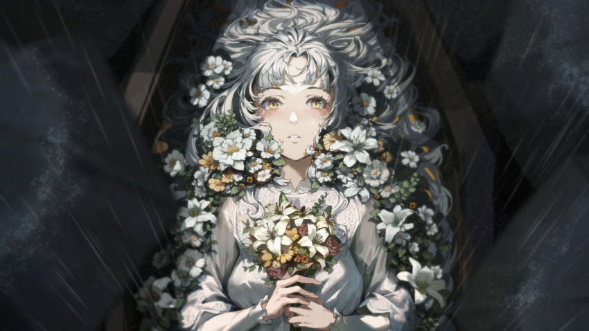1girl artist_request bouquet character_request coffin copyright_request flower highres lily_(flower) long_hair long_sleeves looking_at_viewer lying night non-web_source parted_lips rain shirt solo source_request white_hair white_shirt yellow_eyes