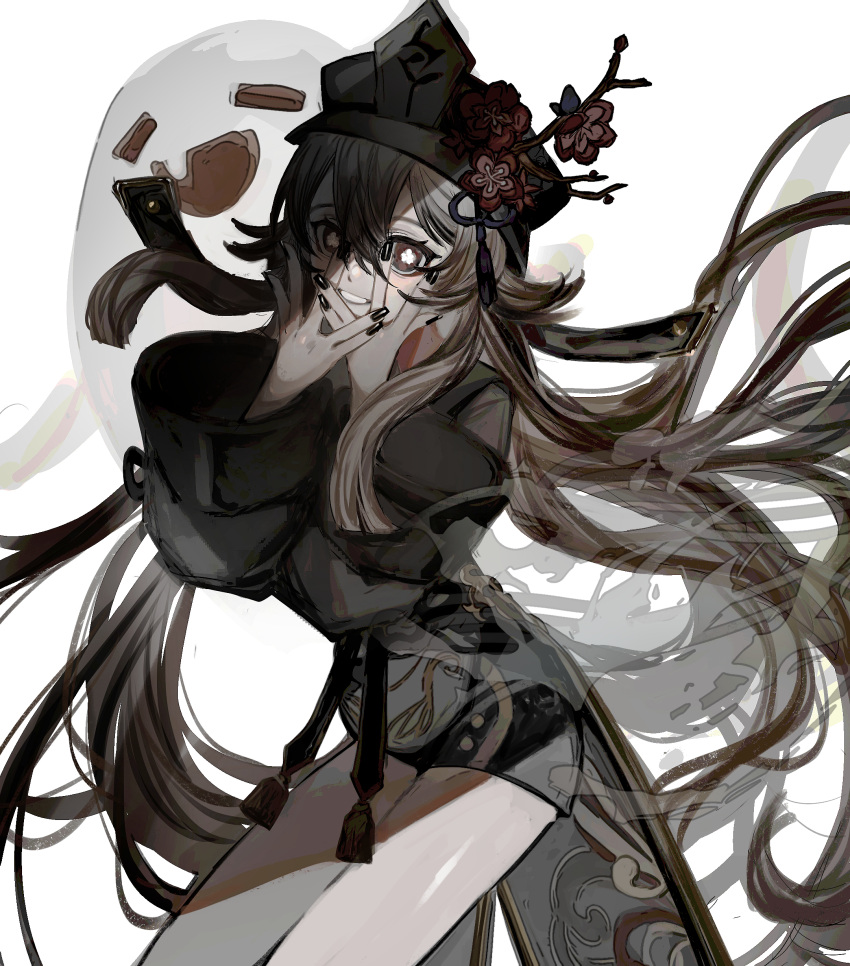 1girl absurdly_long_hair absurdres arched_back black_coat black_headwear black_nails black_shorts boo_tao_(genshin_impact) bright_pupils brown_hair coat coattails commentary_request fang feet_out_of_frame floating_hair flower flower-shaped_pupils flower_knot genshin_impact ghost glowing glowing_eye grin hair_flaps hands_on_own_face hands_up hat hat_flower head_tilt highres hu_tao_(genshin_impact) leaning_forward long_hair long_sleeves looking_at_viewer miyana_(leftmnkr) peeking_through_fingers plum_blossoms porkpie_hat red_eyes shadow short_shorts shorts skin_fang smile smoke solo symbol-shaped_pupils tailcoat tassel very_long_hair white_background white_pupils wide_sleeves