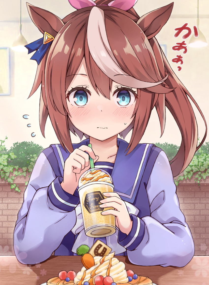 1girl animal_ears aqua_eyes blush brown_hair commentary_request cup disposable_cup drinking_straw ear_ornament flying_sweatdrops food high_ponytail highres horse_ears horse_girl ice_cream ice_cream_float long_hair long_sleeves looking_at_viewer multicolored_hair pancake restaurant rioshi school_uniform solo streaked_hair tokai_teio_(umamusume) tracen_school_uniform umamusume upper_body white_hair