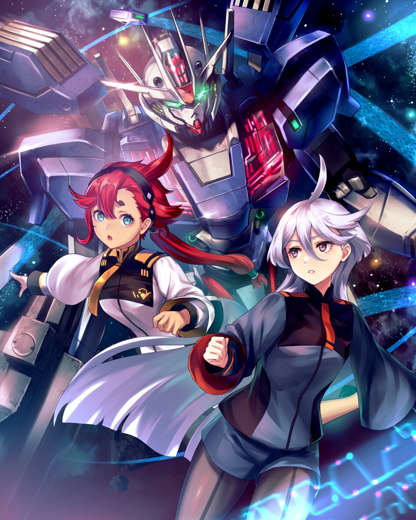 2girls absurdres ahoge asticassia_school_uniform blue_eyes commentary_request grey_eyes gundam gundam_aerial_rebuild gundam_suisei_no_majo gyoza_(pi512126) hairband highres long_hair looking_at_another mecha miorine_rembran multiple_girls necktie pantyhose partial_commentary ponytail redhead robot school_uniform shorts space suletta_mercury very_long_hair white_hair
