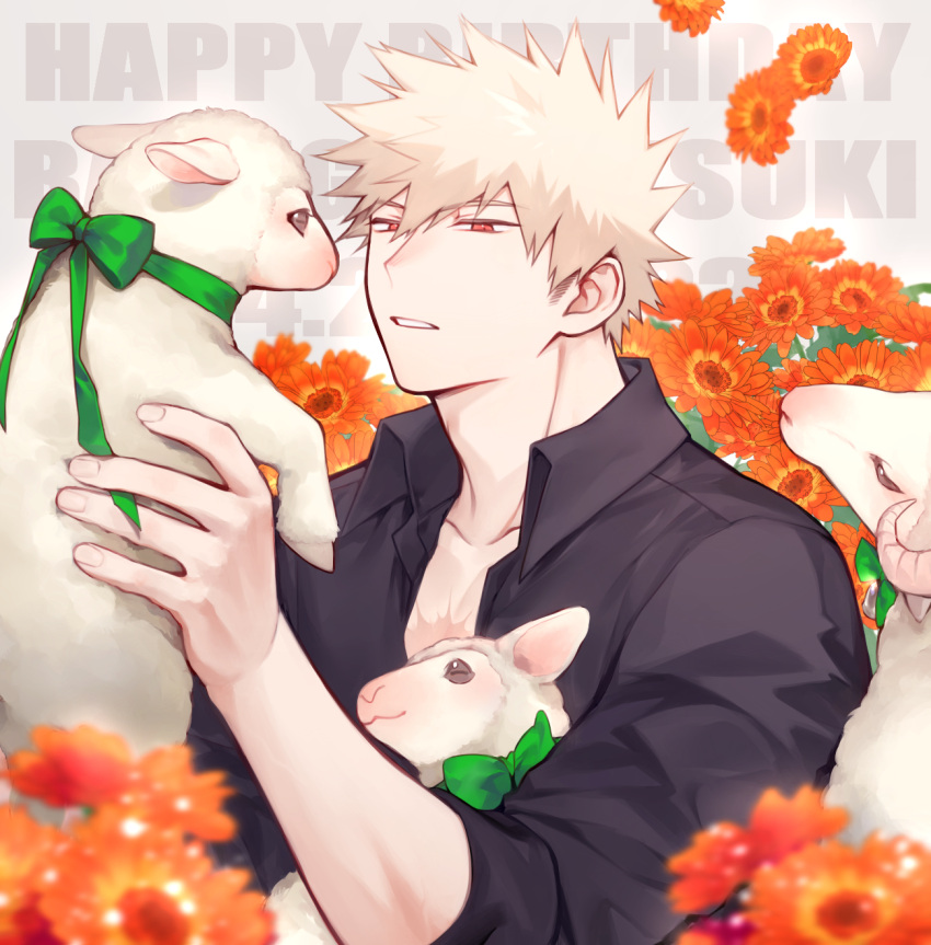 1boy animal bakugou_katsuki birthday black_shirt blonde_hair blurry blurry_foreground boku_no_hero_academia character_name closed_eyes collared_shirt commentary dated depth_of_field dress_shirt falling_flower fingernails flower flower_request from_side goat goat_horns green_ribbon hair_between_eyes hands_up happy_birthday highres holding holding_animal horns lamb looking_at_animal male_focus meltnotmelt narrowed_eyes neck_ribbon open_clothes open_collar open_shirt orange_flower parted_lips red_eyes ribbon scar scar_on_chest sheep shirt short_hair sideburns sleeves_past_elbows sleeves_rolled_up snout solo spiky_hair spoilers text_background timestamp upper_body wing_collar wool