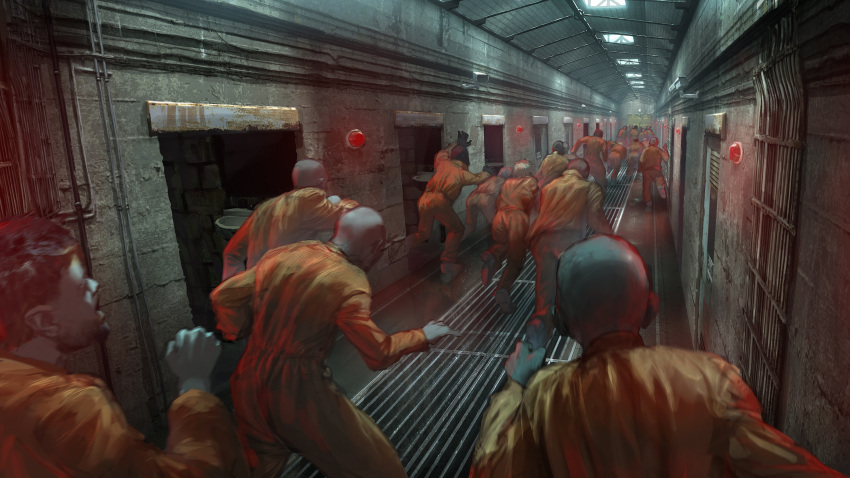 6+boys absurdres alarm_siren bald beard black_hair chinese_commentary commentary_request door facial_hair girls_frontline highres indoors jumpsuit long_sleeves manha_utsutsuki multiple_boys official_art open_door orange_jumpsuit prison prison_break prison_clothes running scenery security_camera shoes short_hair sink skylight very_short_hair