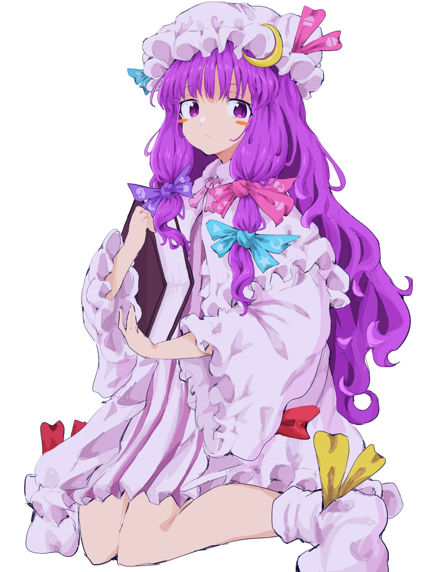 1girl :/ absurdres ankle_socks aqua_bow blue_bow blush_stickers book book_hug bootie bow bun_cover capelet closed_mouth crescent crescent_hat_ornament footwear_bow frilled_capelet frilled_sleeves frills full_body hair_bow hair_ribbon hand_up hat hat_ornament highres holding holding_book knees_together_feet_apart long_hair looking_at_viewer mob_cap mugi_(mugimugi_9kv) neck_ribbon no_shoes object_hug open_clothes patchouli_knowledge pink_bow pink_ribbon print_bow purple_bow purple_hair purple_theme red_bow ribbon simple_background sitting socks solo star_(symbol) star_print striped touhou tress_ribbon vertical_stripes very_long_hair violet_eyes wariza white_background white_socks wide_sleeves yellow_bow