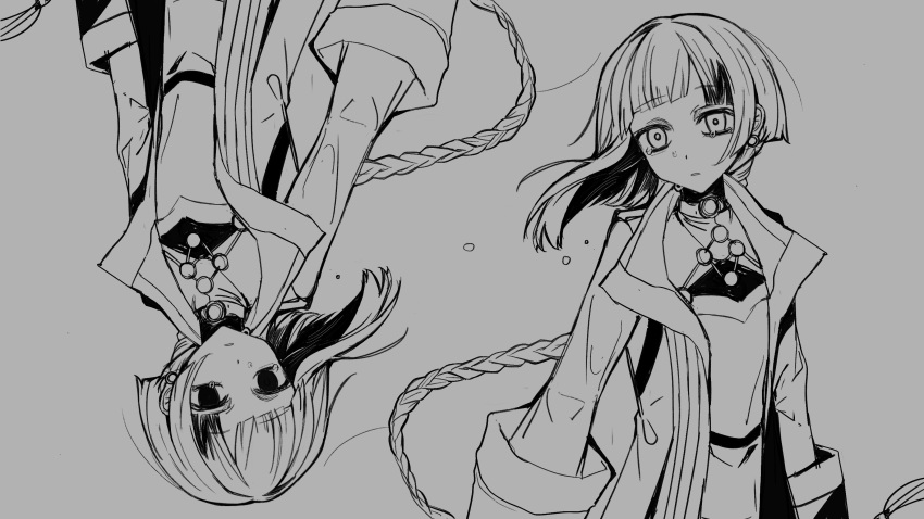 2girls absurdres asymmetrical_hair blunt_bangs braid bright_pupils chinese_commentary chis-a clone clothing_request coat commentary_request crying crying_with_eyes_open empty_eyes expressionless floating_hair greyscale haru_no_sekibaku_(vocaloid) head_tilt highres ivm7 long_hair long_sleeves looking_at_viewer monochrome multicolored_hair multiple_girls no_pupils open_clothes open_coat parted_lips raised_eyebrows rotational_symmetry simple_background sleeve_cuffs streaked_hair tears upper_body very_long_hair voisona