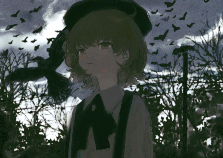 1girl arms_at_sides bare_tree beret bird black_headwear black_ribbon brown_eyes brown_hair closed_mouth collared_shirt commentary crow day english_commentary film_grain flock flower hair_flower hair_ornament hat hatoba_tsugu highres looking_ahead miyana_(leftmnkr) mole mole_under_eye neck_ribbon outdoors overcast power_lines ribbon shirt short_hair sky solo suspenders tree tsugu_(vtuber) upper_body utility_pole virtual_youtuber white_flower white_shirt