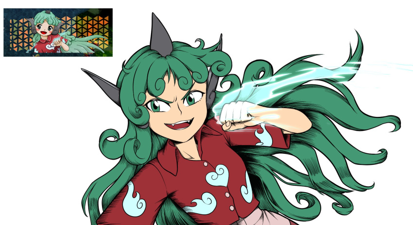 1girl clenched_hand cloud_print collarbone collared_shirt commentary curly_hair english_commentary fangs giantcavemushroom green_eyes green_hair heart highres horns kariyushi_shirt komainu komano_aunn long_hair open_mouth red_shirt reference_inset shirt single_horn solo touhou unfinished_dream_of_all_living_ghost upper_body v-shaped_eyebrows