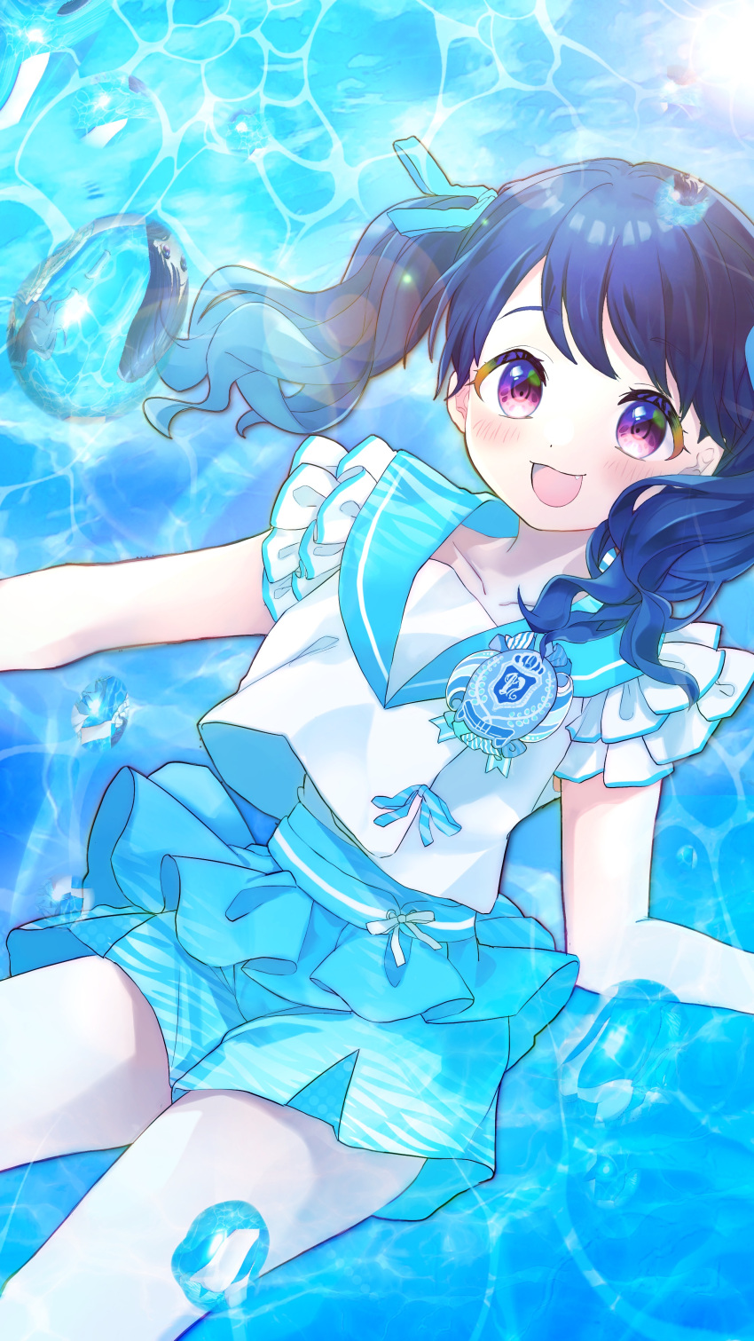 1girl absurdres air_bubble artist_request black_hair blue_ribbon blue_shorts bubble commentary_request fang fukumaru_koito hair_ribbon highres idolmaster idolmaster_shiny_colors looking_at_viewer medium_hair open_mouth ribbon sailor_collar shirt short_hair shorts solo thighs twintails underwater violet_eyes white_shirt