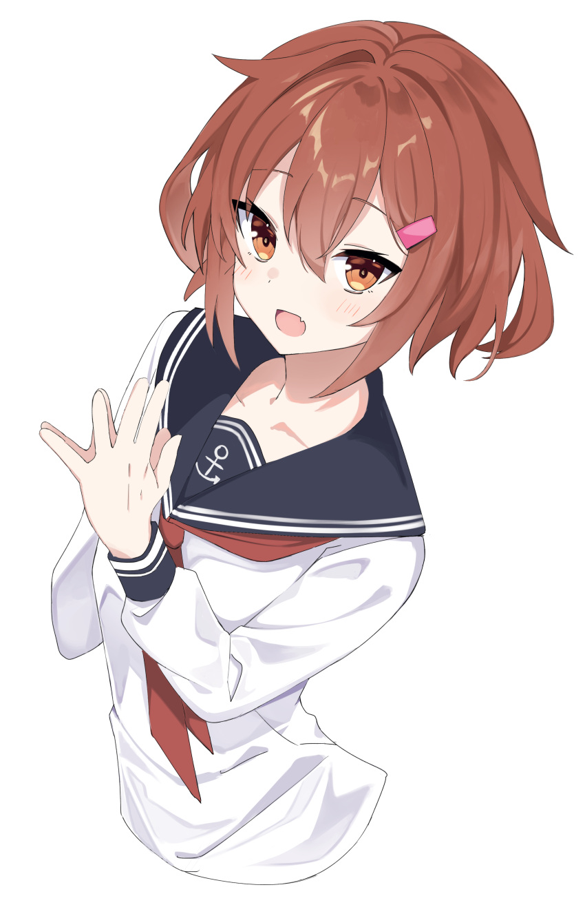 1girl absurdres anchor_ornament black_sailor_collar brown_eyes brown_hair double-parted_bangs fathom hair_ornament hairclip highres ikazuchi_(kancolle) kantai_collection neckerchief open_mouth red_neckerchief sailor_collar school_uniform serafuku shirt short_hair simple_background solo steepled_fingers upper_body white_background white_shirt