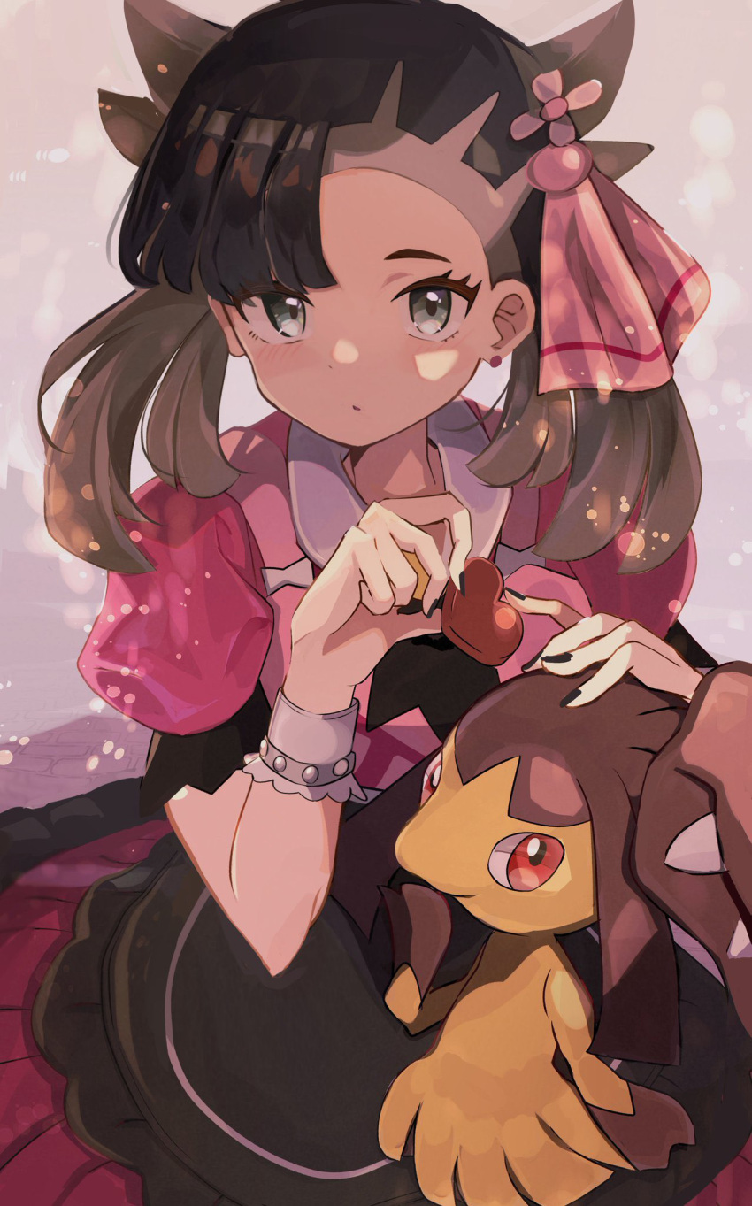1girl asymmetrical_bangs black_hair candy chocolate commentary dress food green_eyes hair_ribbon hand_up heart heart-shaped_chocolate highres holding holding_chocolate holding_food looking_at_viewer marnie_(palentine's_2022)_(pokemon) marnie_(pokemon) mawile official_alternate_costume on_lap open_mouth pokemon pokemon_(creature) pokemon_(game) pokemon_masters_ex pokemon_on_lap red_dress revision ribbon short_sleeves twintails two_side_up umiru upper_body valentine wrist_cuffs