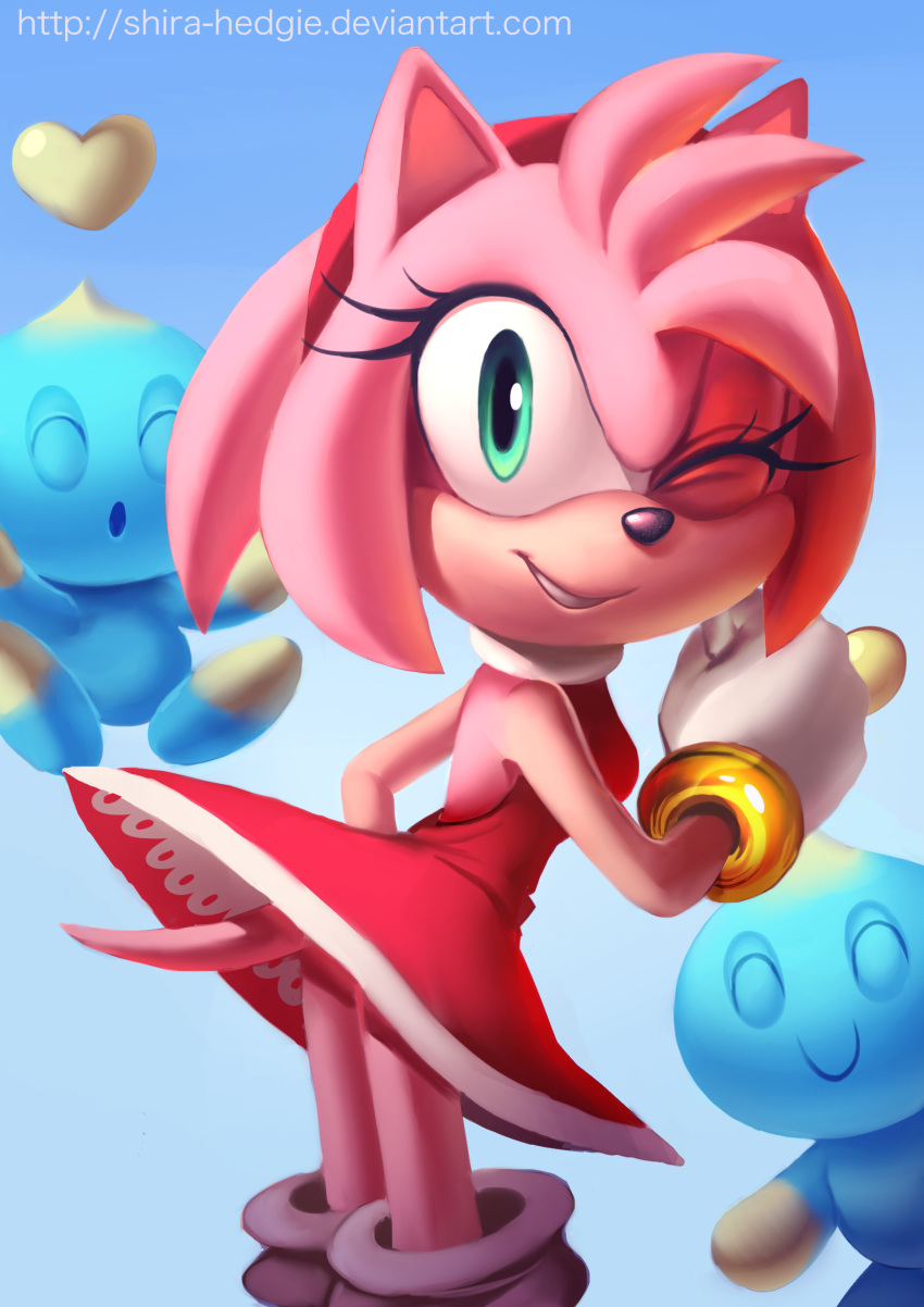 1girl amy_rose blue_background chao_(sonic) deviantart_username dress gloves green_eyes heart highres looking_at_viewer one_eye_closed red_dress shira-hedgie simple_background sonic_(series) watermark web_address white_gloves