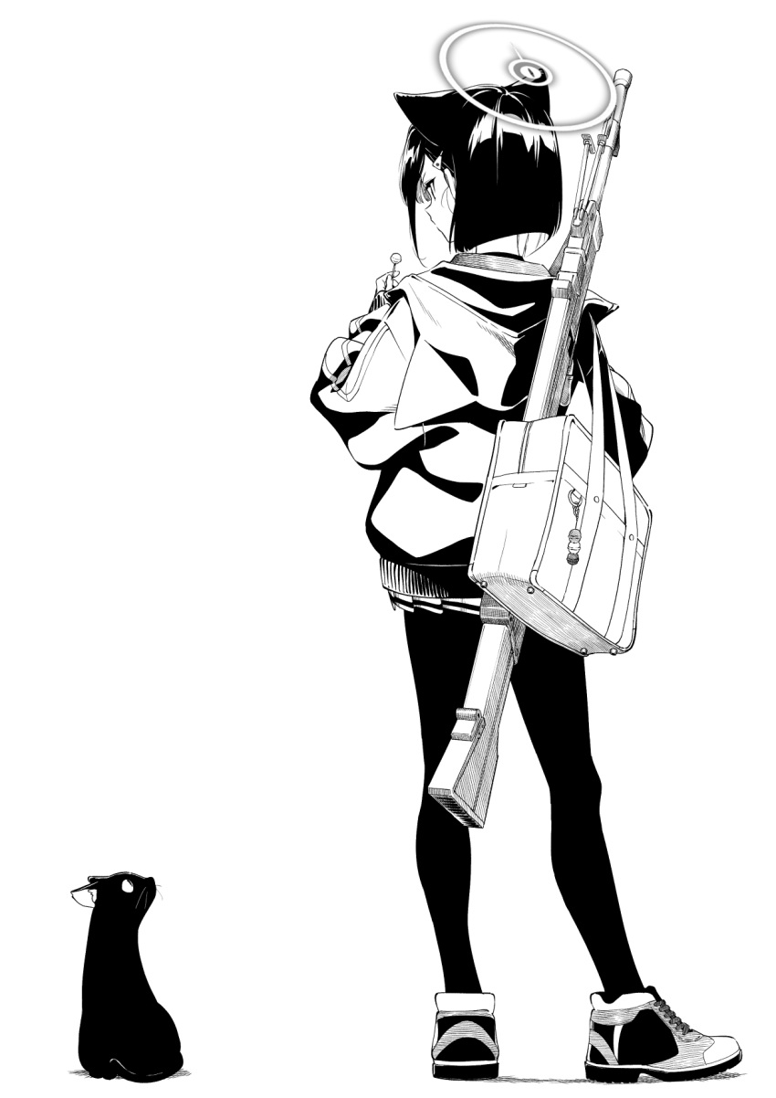 animal_ear_headwear animal_ears bag blue_archive candy cat cat_ears cat_girl food from_behind full_body greyscale gulim gun halo hand_up highres holding holding_candy holding_food holding_lollipop hood hood_down hoodie kazusa_(blue_archive) lollipop long_sleeves miniskirt monochrome pantyhose pleated_skirt school_bag shoes short_hair skirt sneakers weapon