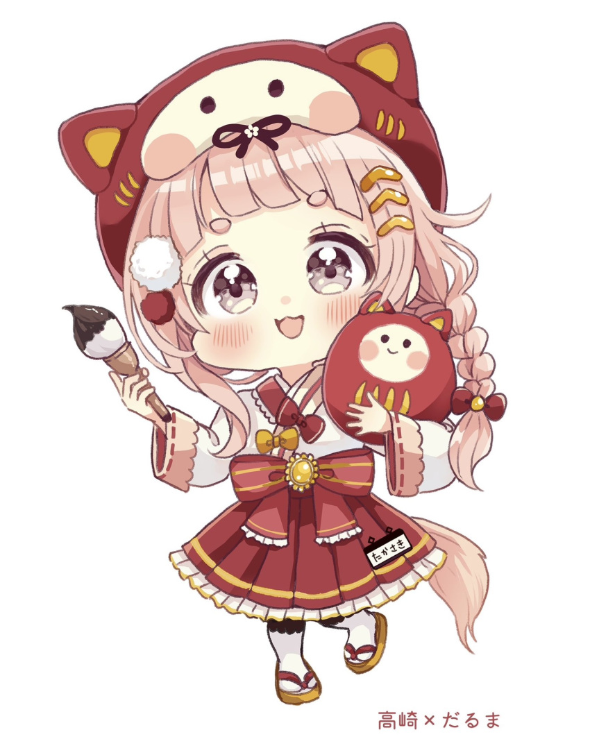 1girl animal_ears animal_hat bow braid brown_footwear chibi commentary_request copyright_request daruma_doll fake_animal_ears frilled_skirt frills full_body hair_bow hair_ornament hairclip hat highres holding holding_paintbrush japanese_clothes kimono long_hair long_sleeves paintbrush pink_hair pleated_skirt red_bow red_headwear red_skirt ribbon-trimmed_sleeves ribbon_trim sakura_oriko short_eyebrows simple_background single_braid skirt socks solo standing standing_on_one_leg striped striped_bow tabi tail thick_eyebrows translation_request very_long_hair white_background white_kimono white_socks wide_sleeves zouri