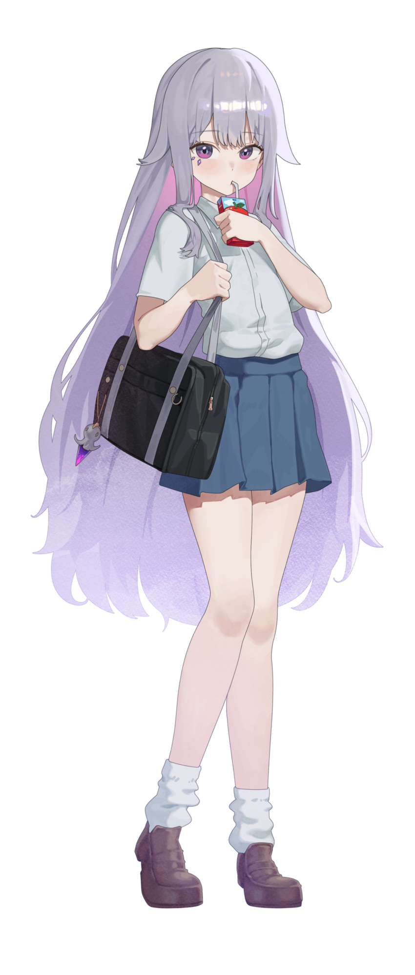 1girl absurdres alternate_costume bag blue_skirt collared_shirt colored_inner_hair commentary drink_carton drinking drinking_straw gradient_hair grey_hair highres holding holding_drink_carton holding_juice_box hololive hololive_english jewel_under_eye juice juice_box koseki_bijou long_hair multicolored_hair pink_hair purple_hair school_bag school_uniform shirt shirt_tucked_in skirt solo sooby600211 tomato_juice violet_eyes virtual_youtuber white_shirt