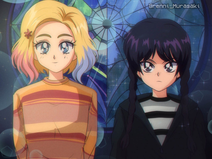 1990s_(style) 2girls addams_family animification black_hair blue_eyes blue_hair braid brenni_murasaki closed_mouth enid_sinclair expressionless flower grey_eyes hair_flower hair_ornament light_smile long_hair looking_at_viewer multicolored_hair multicolored_shirt multiple_girls pink_hair retro_artstyle shirt smile striped striped_shirt twin_braids upper_body wednesday_(netflix) wednesday_addams